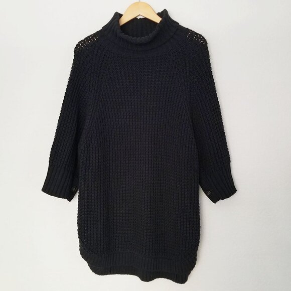 J.CREW Turtleneck Cotton Poncho M/L $155 Black Button 3/4 Sleeve Chunky Longline - Picture 5 of 16